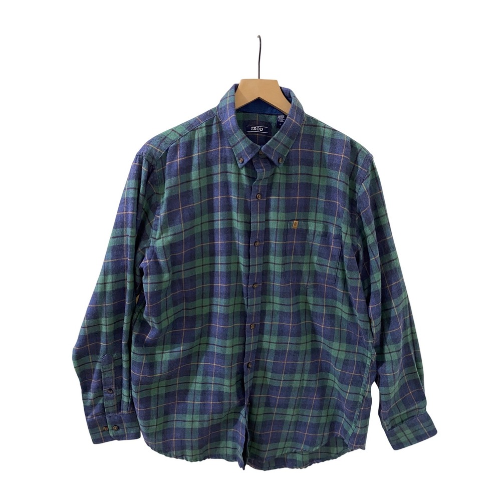 IZOD Mens Flannel Shirt L Blue Green Plaid Long Sleeve Button Down Cotton Blend - Picture 1 of 10